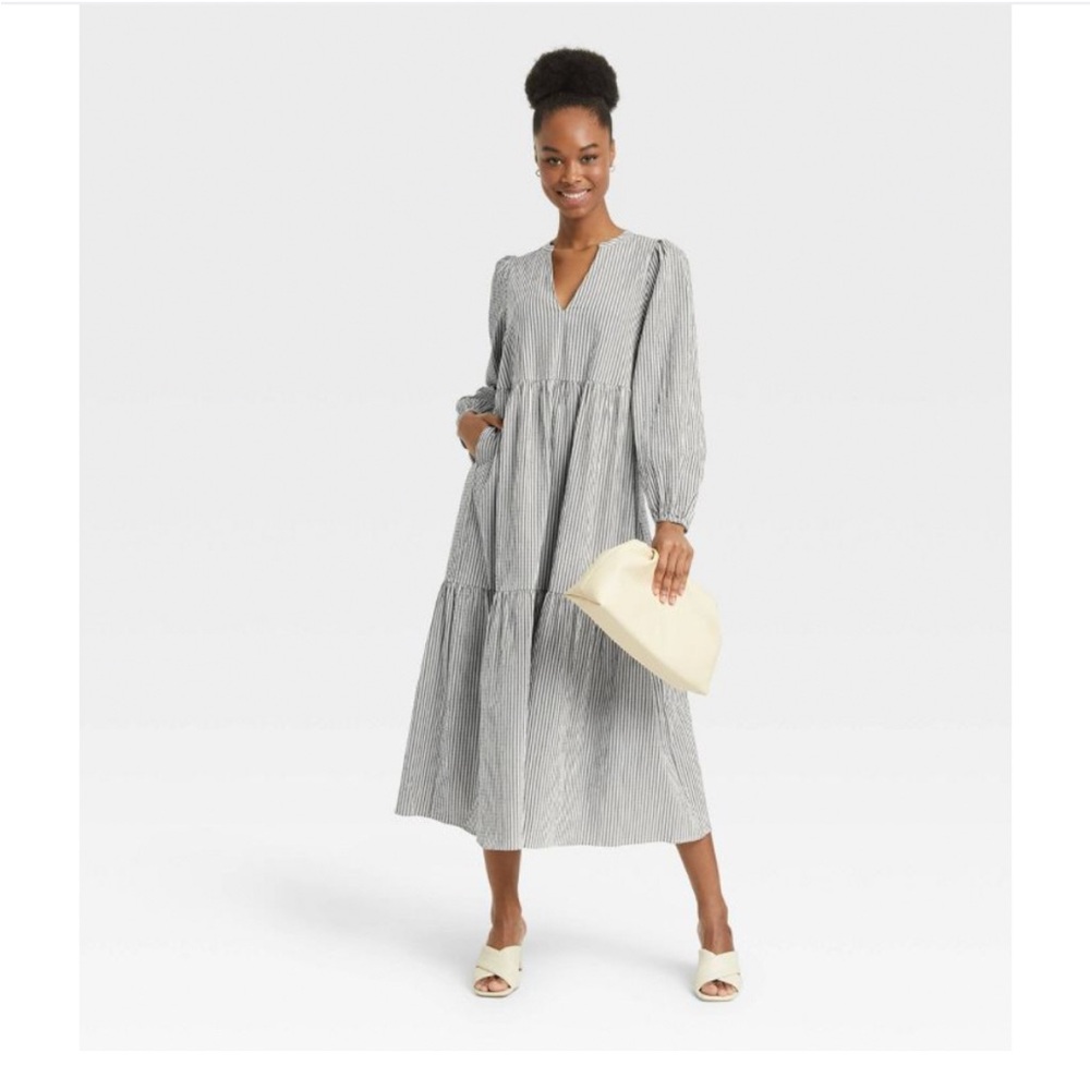 A New Day | Blue & White Striped | Long Sleeve Dress | Pockets